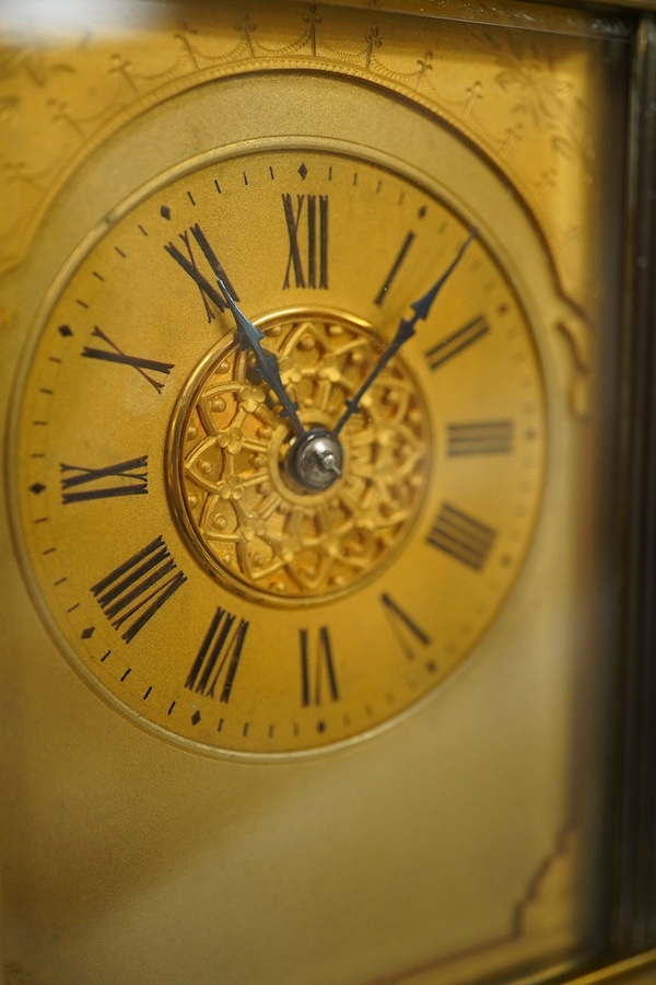 A French brass repeating carriage clock, engraved Paris to the backplate, 15cm high. Condition - good.